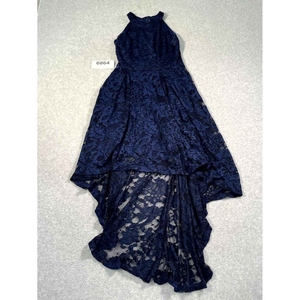 Dressystar Cocktail Party Dress Womens Small Blue Lace Floral Hi Low Halter Neck